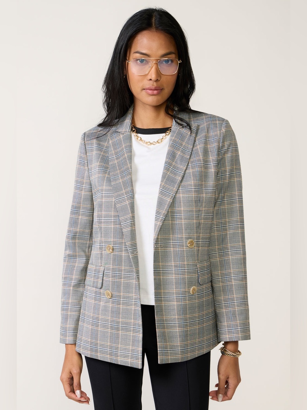 Evereve Marcia Plaid Blazer Double-Breasted Jacket Gray Blue Plaid Sz M
